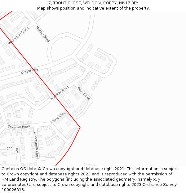 7, TROUT CLOSE, WELDON, CORBY, NN17 3FY: Location map and indicative extent of plot