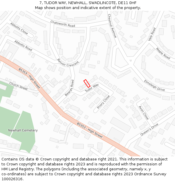 7, TUDOR WAY, NEWHALL, SWADLINCOTE, DE11 0HF: Location map and indicative extent of plot