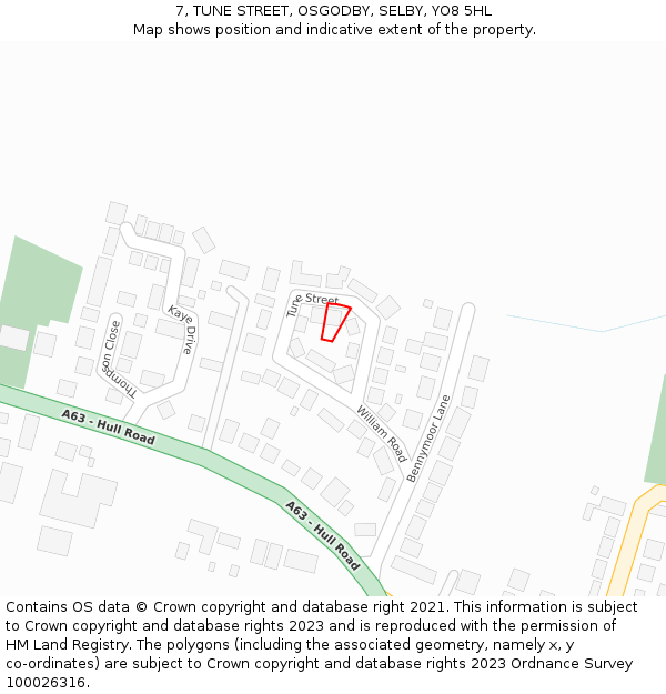 7, TUNE STREET, OSGODBY, SELBY, YO8 5HL: Location map and indicative extent of plot