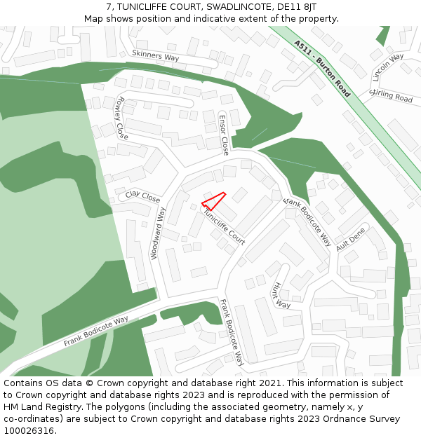 7, TUNICLIFFE COURT, SWADLINCOTE, DE11 8JT: Location map and indicative extent of plot