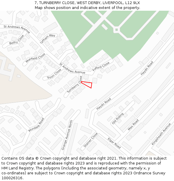 7, TURNBERRY CLOSE, WEST DERBY, LIVERPOOL, L12 9LX: Location map and indicative extent of plot