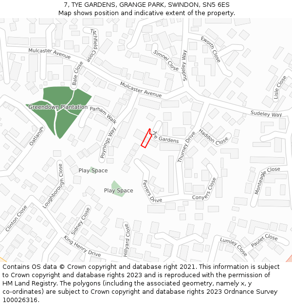 7, TYE GARDENS, GRANGE PARK, SWINDON, SN5 6ES: Location map and indicative extent of plot