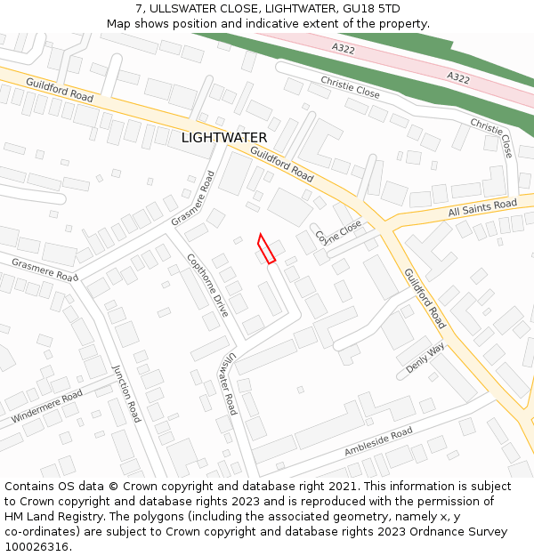 7, ULLSWATER CLOSE, LIGHTWATER, GU18 5TD: Location map and indicative extent of plot