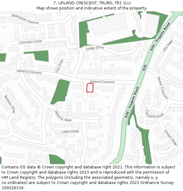 7, UPLAND CRESCENT, TRURO, TR1 1LU: Location map and indicative extent of plot