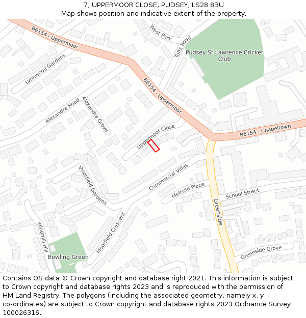 7, UPPERMOOR CLOSE, PUDSEY, LS28 8BU: Location map and indicative extent of plot