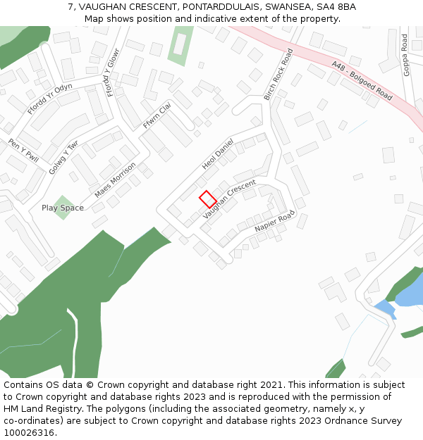 7, VAUGHAN CRESCENT, PONTARDDULAIS, SWANSEA, SA4 8BA: Location map and indicative extent of plot