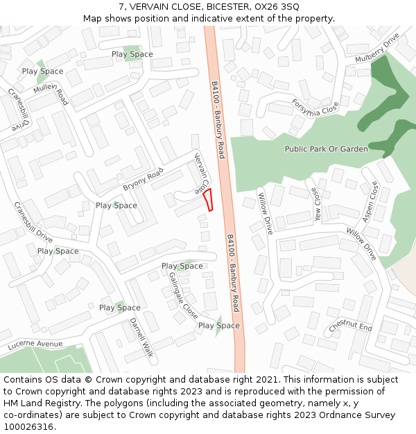 7, VERVAIN CLOSE, BICESTER, OX26 3SQ: Location map and indicative extent of plot