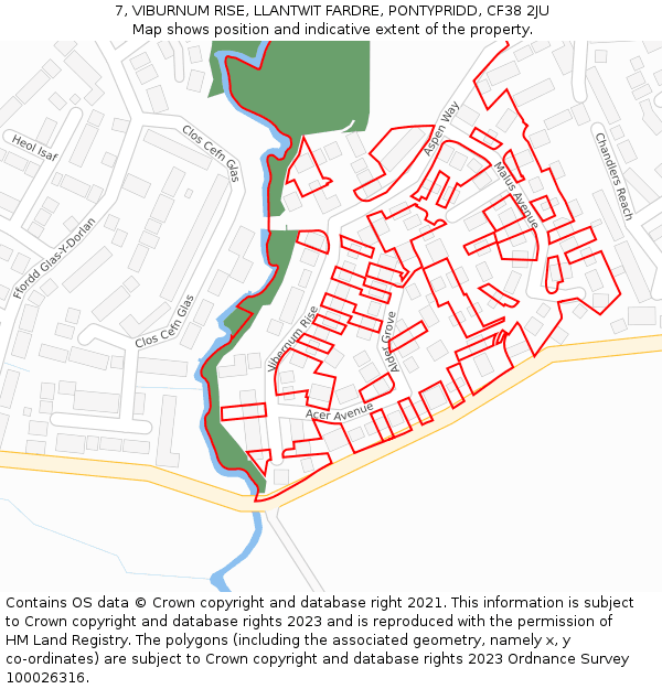 7, VIBURNUM RISE, LLANTWIT FARDRE, PONTYPRIDD, CF38 2JU: Location map and indicative extent of plot