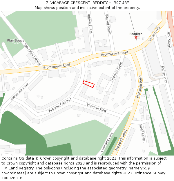 7, VICARAGE CRESCENT, REDDITCH, B97 4RE: Location map and indicative extent of plot