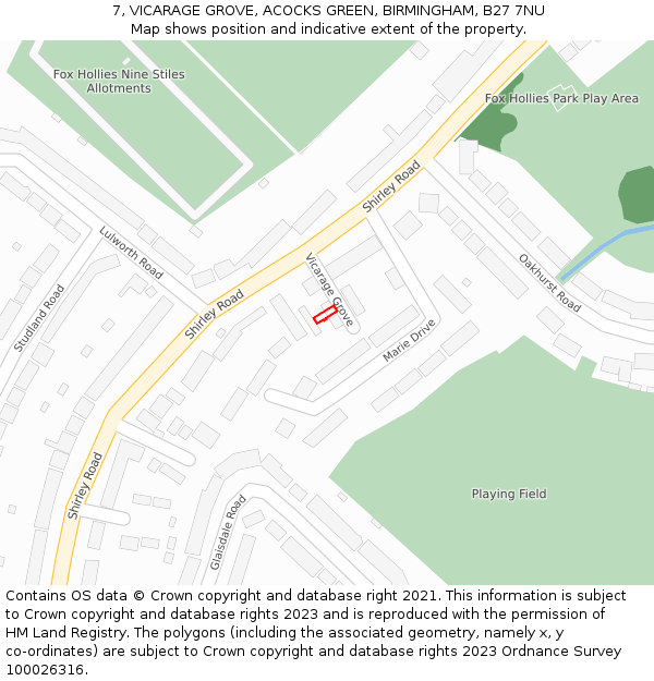 7, VICARAGE GROVE, ACOCKS GREEN, BIRMINGHAM, B27 7NU: Location map and indicative extent of plot