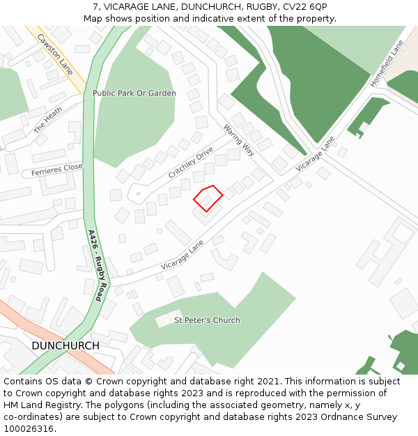 7, VICARAGE LANE, DUNCHURCH, RUGBY, CV22 6QP: Location map and indicative extent of plot