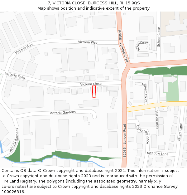 7, VICTORIA CLOSE, BURGESS HILL, RH15 9QS: Location map and indicative extent of plot