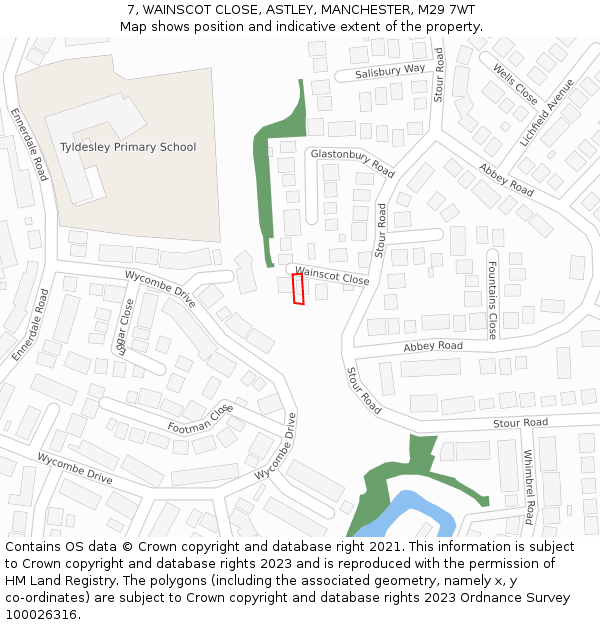 7, WAINSCOT CLOSE, ASTLEY, MANCHESTER, M29 7WT: Location map and indicative extent of plot