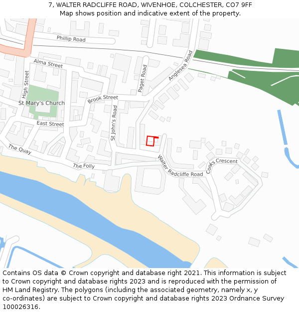 7, WALTER RADCLIFFE ROAD, WIVENHOE, COLCHESTER, CO7 9FF: Location map and indicative extent of plot