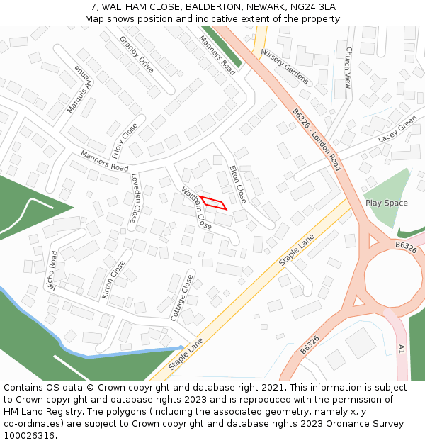 7, WALTHAM CLOSE, BALDERTON, NEWARK, NG24 3LA: Location map and indicative extent of plot