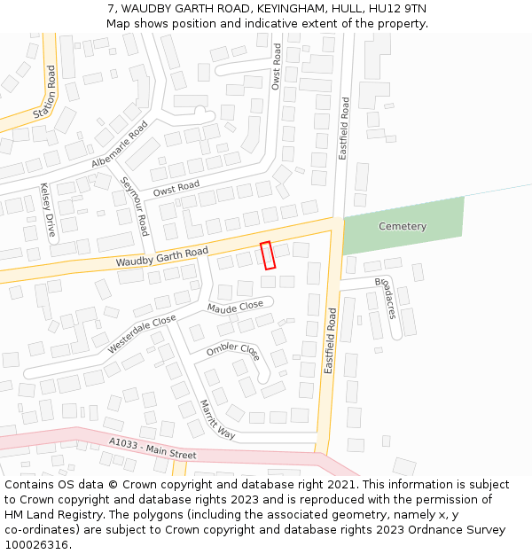 7, WAUDBY GARTH ROAD, KEYINGHAM, HULL, HU12 9TN: Location map and indicative extent of plot