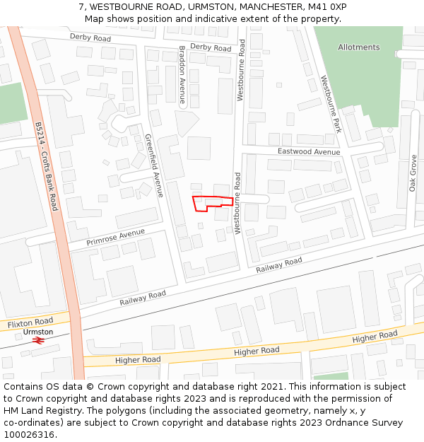 7, WESTBOURNE ROAD, URMSTON, MANCHESTER, M41 0XP: Location map and indicative extent of plot