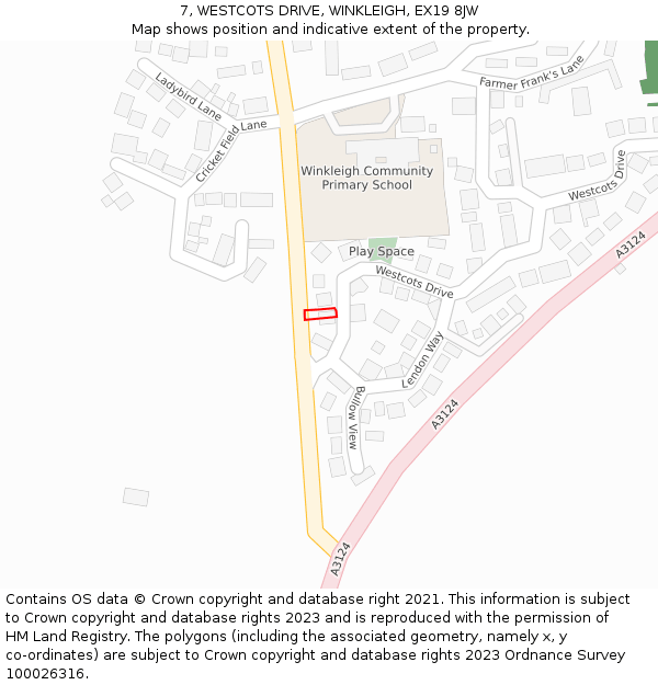7, WESTCOTS DRIVE, WINKLEIGH, EX19 8JW: Location map and indicative extent of plot