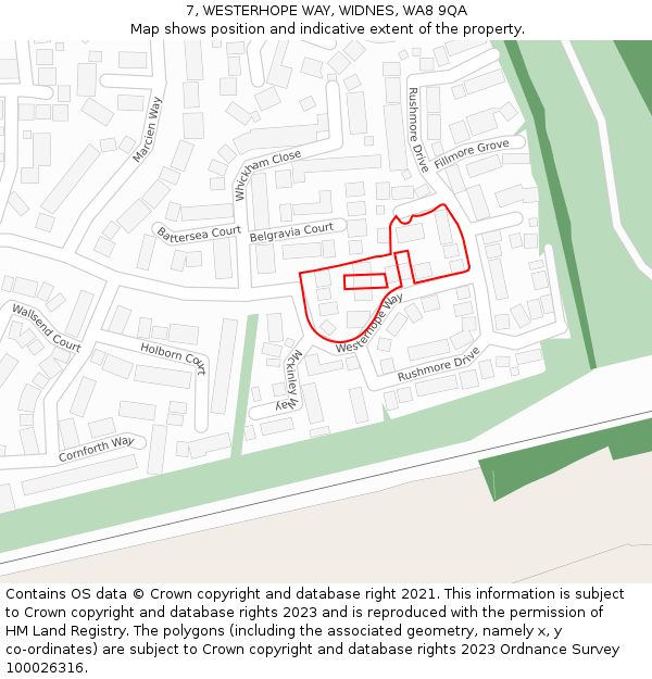 7, WESTERHOPE WAY, WIDNES, WA8 9QA: Location map and indicative extent of plot