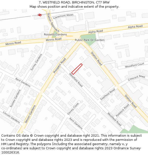 7, WESTFIELD ROAD, BIRCHINGTON, CT7 9RW: Location map and indicative extent of plot