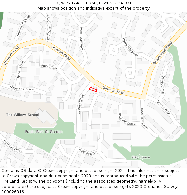 7, WESTLAKE CLOSE, HAYES, UB4 9RT: Location map and indicative extent of plot