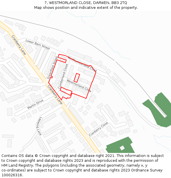 7, WESTMORLAND CLOSE, DARWEN, BB3 2TQ: Location map and indicative extent of plot