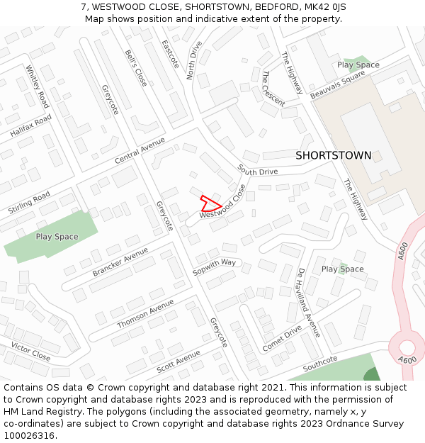 7, WESTWOOD CLOSE, SHORTSTOWN, BEDFORD, MK42 0JS: Location map and indicative extent of plot