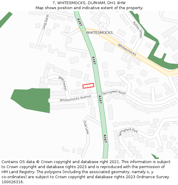 7, WHITESMOCKS, DURHAM, DH1 4HW: Location map and indicative extent of plot