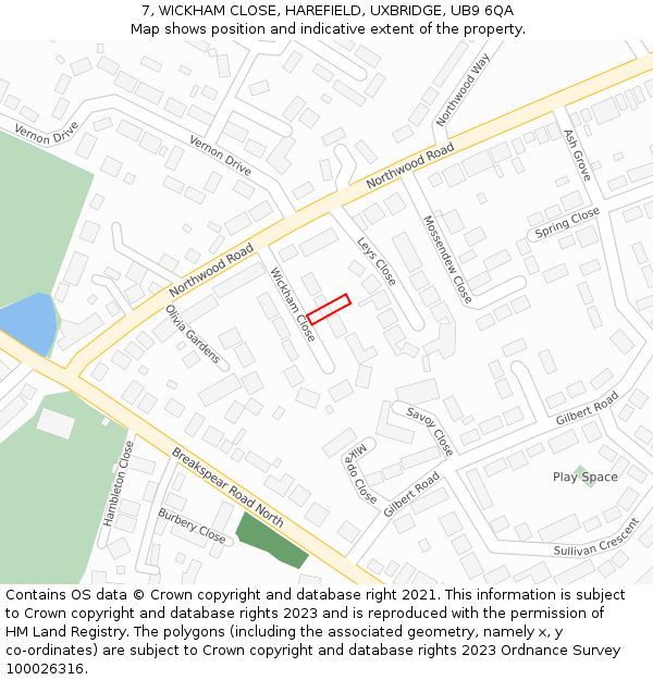 7, WICKHAM CLOSE, HAREFIELD, UXBRIDGE, UB9 6QA: Location map and indicative extent of plot