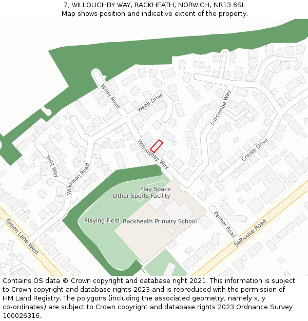 7, WILLOUGHBY WAY, RACKHEATH, NORWICH, NR13 6SL: Location map and indicative extent of plot