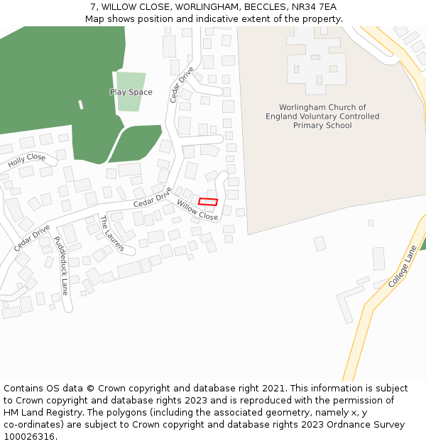 7, WILLOW CLOSE, WORLINGHAM, BECCLES, NR34 7EA: Location map and indicative extent of plot