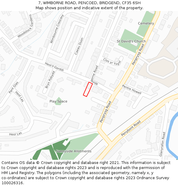 7, WIMBORNE ROAD, PENCOED, BRIDGEND, CF35 6SH: Location map and indicative extent of plot