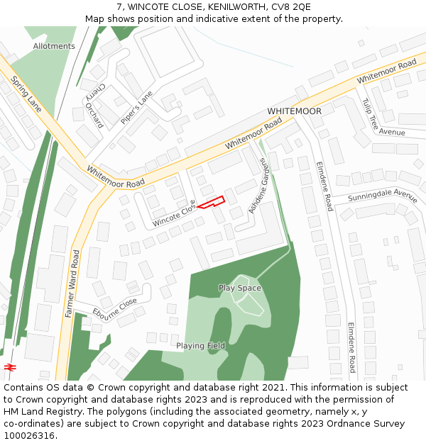 7, WINCOTE CLOSE, KENILWORTH, CV8 2QE: Location map and indicative extent of plot