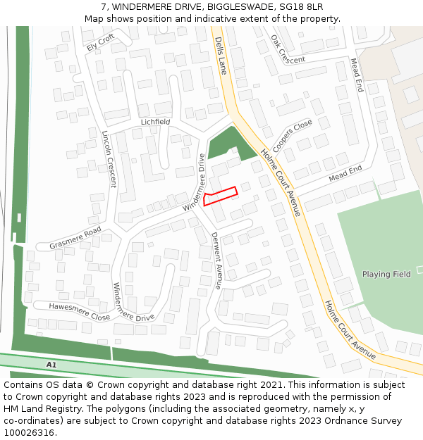 7, WINDERMERE DRIVE, BIGGLESWADE, SG18 8LR: Location map and indicative extent of plot