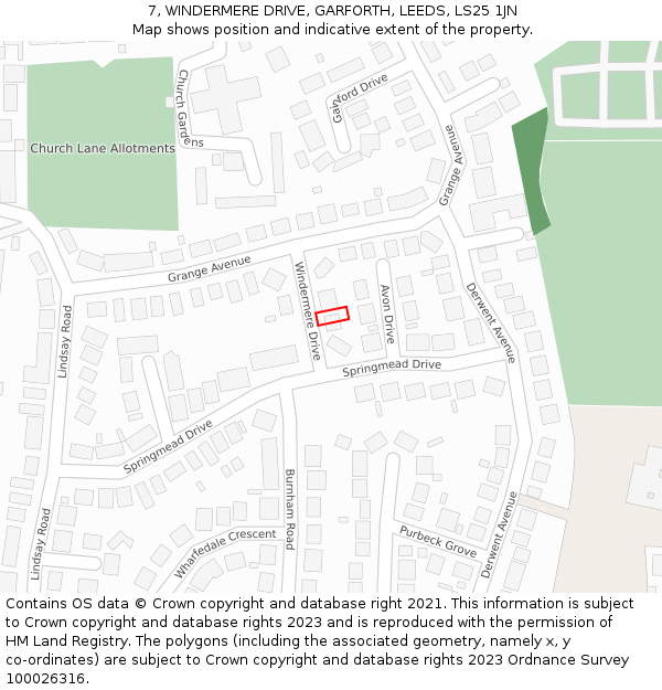 7, WINDERMERE DRIVE, GARFORTH, LEEDS, LS25 1JN: Location map and indicative extent of plot