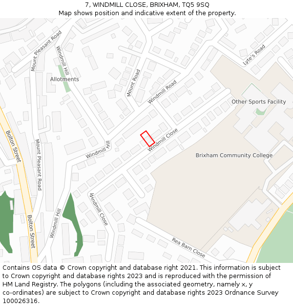 7, WINDMILL CLOSE, BRIXHAM, TQ5 9SQ: Location map and indicative extent of plot