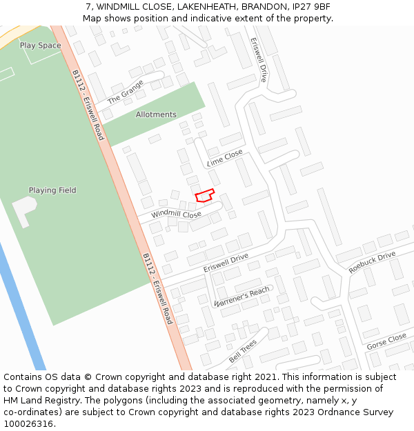 7, WINDMILL CLOSE, LAKENHEATH, BRANDON, IP27 9BF: Location map and indicative extent of plot