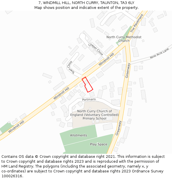 7, WINDMILL HILL, NORTH CURRY, TAUNTON, TA3 6LY: Location map and indicative extent of plot