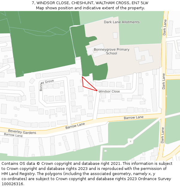 7, WINDSOR CLOSE, CHESHUNT, WALTHAM CROSS, EN7 5LW: Location map and indicative extent of plot