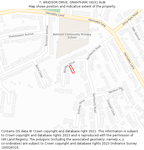 7, WINDSOR DRIVE, GRANTHAM, NG31 9UB: Location map and indicative extent of plot