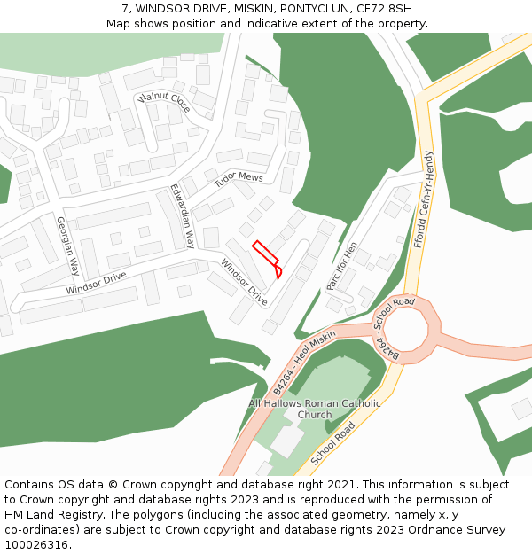 7, WINDSOR DRIVE, MISKIN, PONTYCLUN, CF72 8SH: Location map and indicative extent of plot