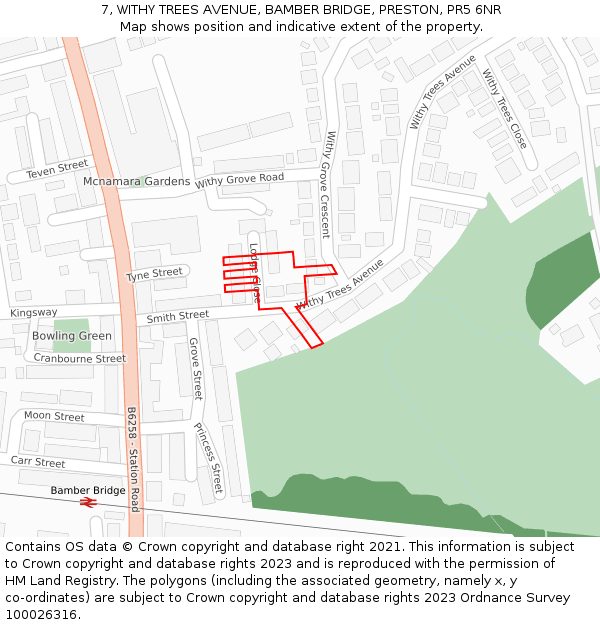 7, WITHY TREES AVENUE, BAMBER BRIDGE, PRESTON, PR5 6NR: Location map and indicative extent of plot