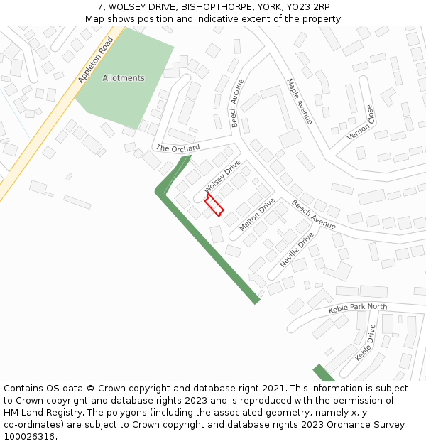 7, WOLSEY DRIVE, BISHOPTHORPE, YORK, YO23 2RP: Location map and indicative extent of plot