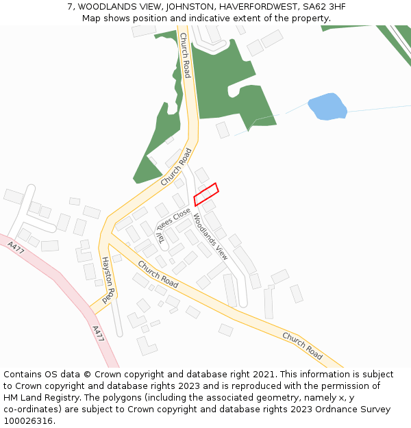 7, WOODLANDS VIEW, JOHNSTON, HAVERFORDWEST, SA62 3HF: Location map and indicative extent of plot