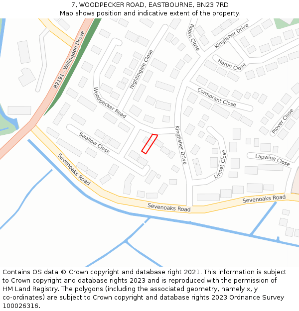 7, WOODPECKER ROAD, EASTBOURNE, BN23 7RD: Location map and indicative extent of plot