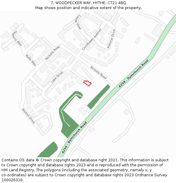 7, WOODPECKER WAY, HYTHE, CT21 4BQ: Location map and indicative extent of plot