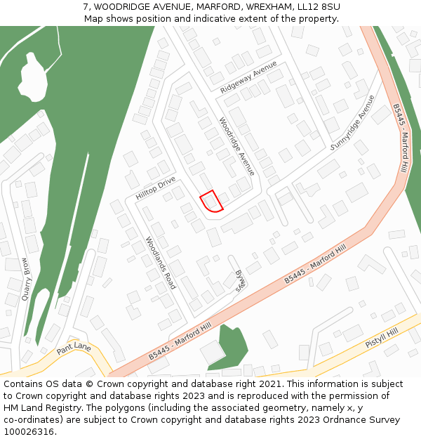 7, WOODRIDGE AVENUE, MARFORD, WREXHAM, LL12 8SU: Location map and indicative extent of plot