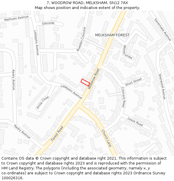 7, WOODROW ROAD, MELKSHAM, SN12 7AX: Location map and indicative extent of plot