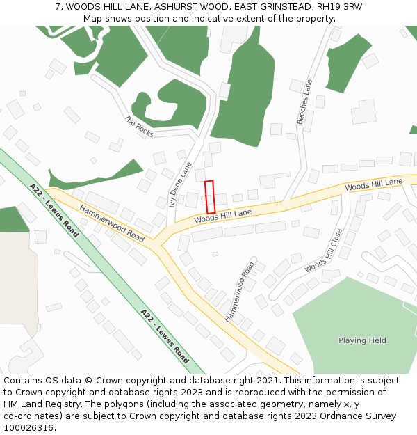 7, WOODS HILL LANE, ASHURST WOOD, EAST GRINSTEAD, RH19 3RW: Location map and indicative extent of plot