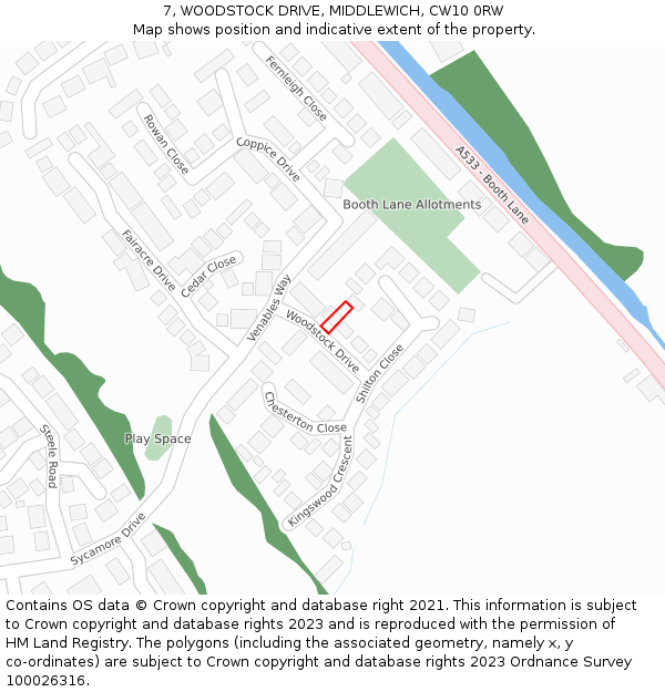 7, WOODSTOCK DRIVE, MIDDLEWICH, CW10 0RW: Location map and indicative extent of plot